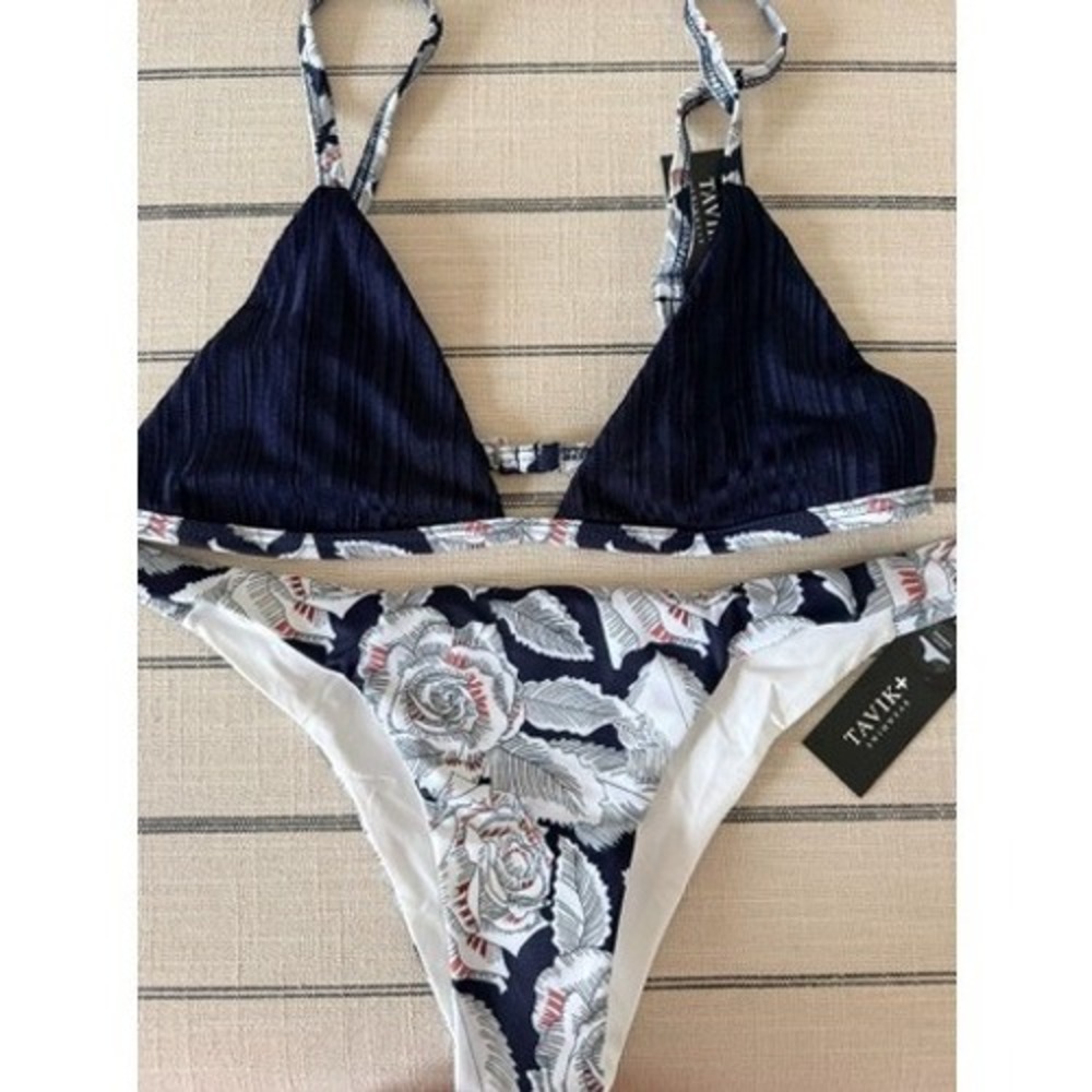 Tavik Swimwear Womens Ribbed Triangle Bikini Top Floral Cheeky Bottom Set Navy L